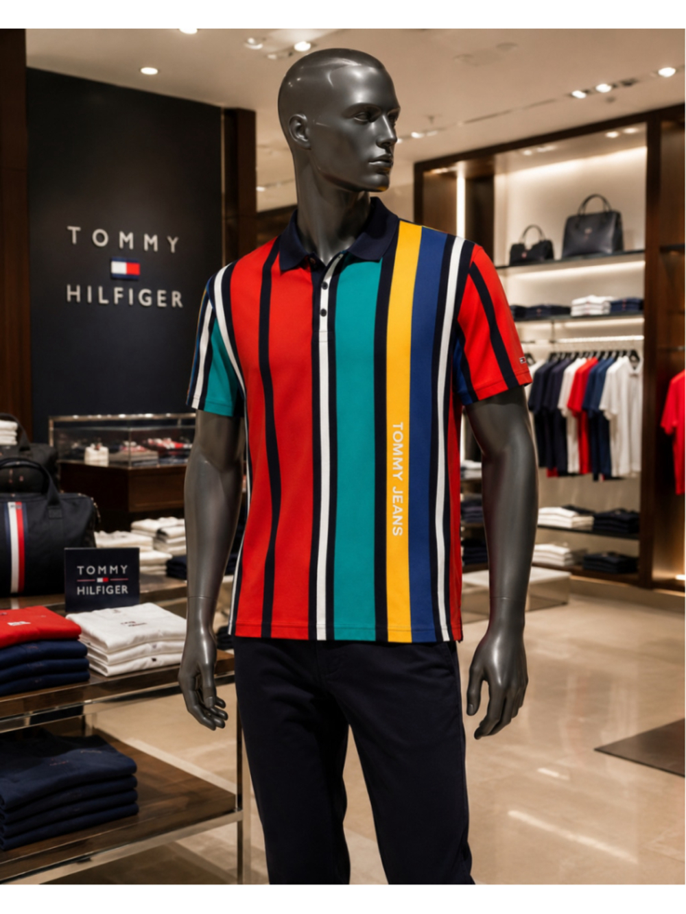 Tommy Jeans 2019 Men’s Large Multicolor Vertical Stripe Logo Polo Shirt EUC